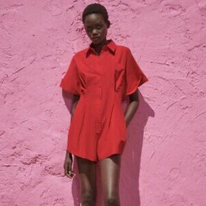 Zara Poplin Short Jumpsuit Romper Sleeve Red Fitted Waist